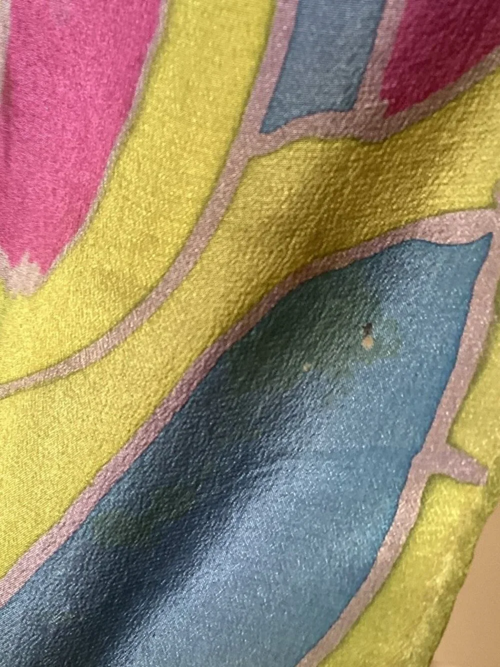 Blue, purple, green silk abstract scarf with flaw (10